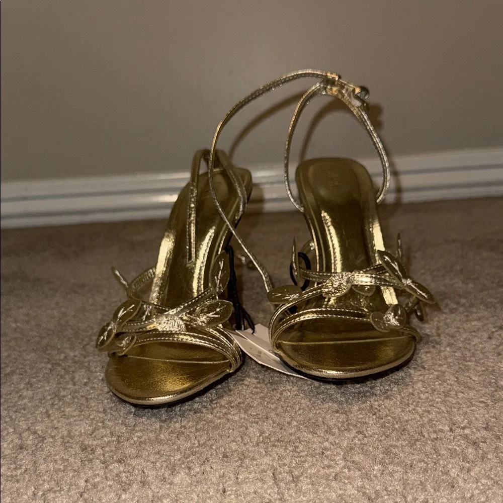 Zara Gold Leaf-Strap Satin Heel Sandals - Picture 4 of 5